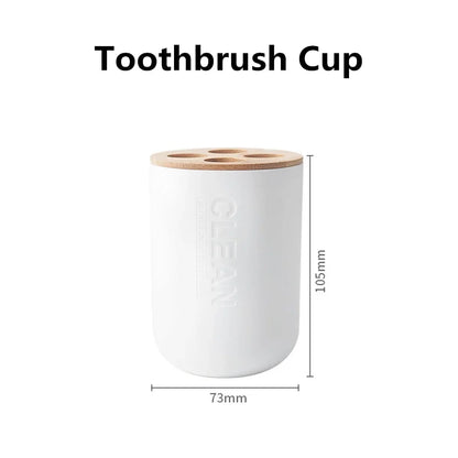 Juego de accesorios de baño, dispensador de loción y jabón de diseño, soporte para cepillo de dientes, jabonera, vaso o botella de madera, taza, negro, blanco y gris.