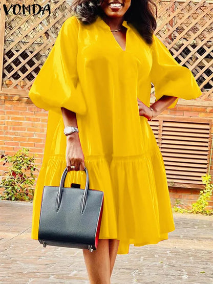 Plus Size 5XL VONDA 2024 Summer Dress Bohemian Women Short Lantern Sleeve Satin Mini Vestido V Neck Solid Elegant Party Sundress