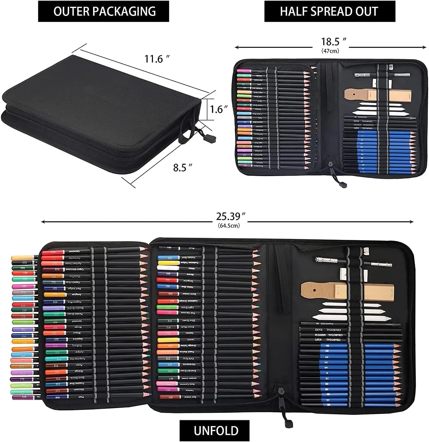 20/54/58/70/144 Drawing And Sketching Kit | Portable Travel Case | Graphite, Charcoal, White Color | Featuring Blending Stump