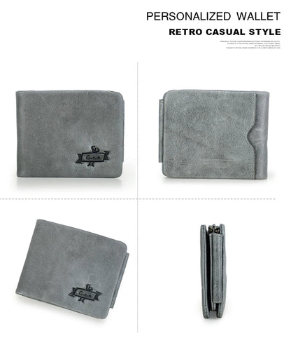 CONTACT'S Genuine Crazy Horse Leather Men Wallets Vintage Trifold Wallet Zip Coin Pocket Purse Cowhide Leather Wallet For Mens