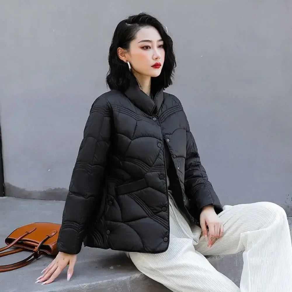 Autumn Winter 2024 New Chinese Korean Female Stand Collar Ultra Lightweight White Duck Down Coat Fashion Outerwear Women Jackets