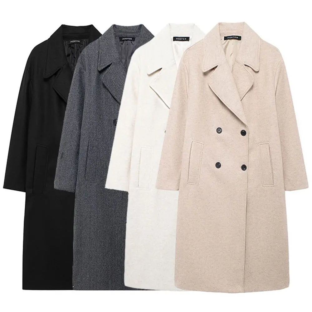 TRAFZA 2024 Autumn New Women Loose Coat Lapel Double Breasted Long Sleeve Jacket Winter Warm Thick Vintage Solid Trench Outwear