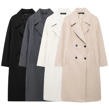 TRAFZA 2024 Autumn New Women Loose Coat Lapel Double Breasted Long Sleeve Jacket Winter Warm Thick Vintage Solid Trench Outwear