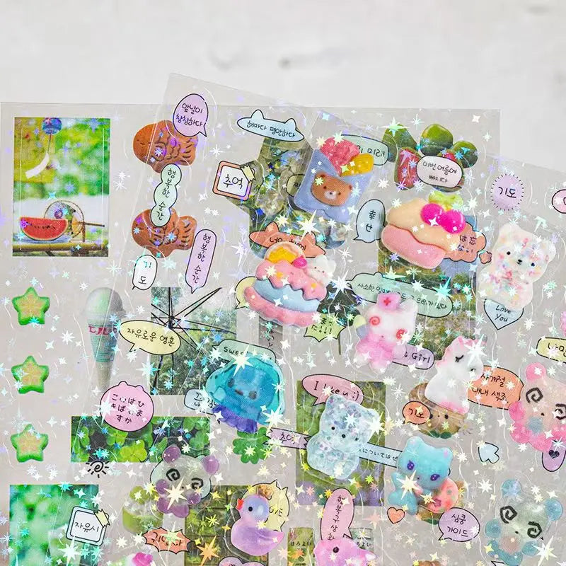 6pcs Glitter Stickers Y2K DIY Toploader Scrapbooking Journal Decor Stickers for Phone Kawaii Transparent PET Stickers Gift