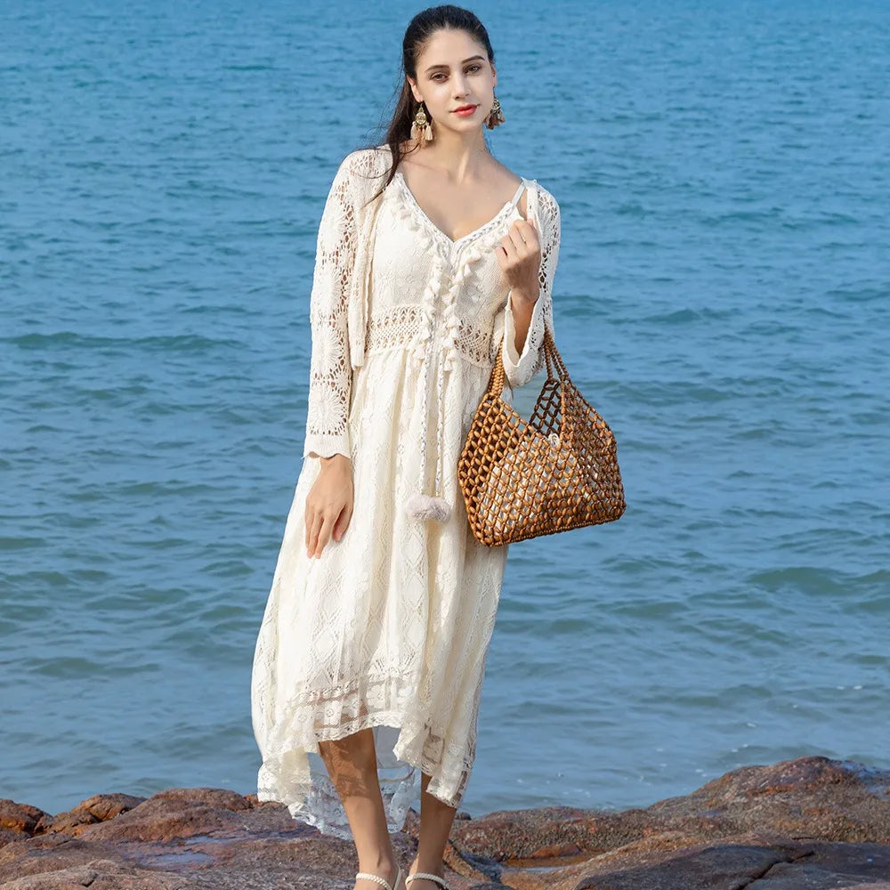Handmade Woven Beaded Handbag For Women Exquisite Hollow-out Wooden Beaded Shoulder Bag Female Beach Bag