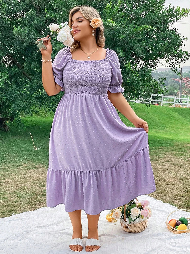 Plus Size Women's Pure Color Wrap Ruffle Hem Midi Dress Square Neck Backless Short Sleeve Dress Elegant temperament