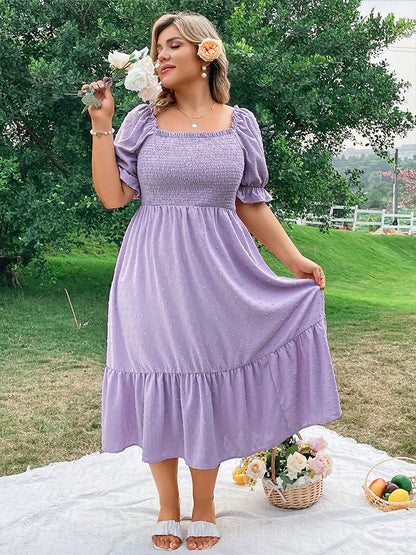Plus Size Women's Pure Color Wrap Ruffle Hem Midi Dress Square Neck Backless Short Sleeve Dress Elegant temperament