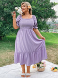 Plus Size Women's Pure Color Wrap Ruffle Hem Midi Dress Square Neck Backless Short Sleeve Dress Elegant temperament