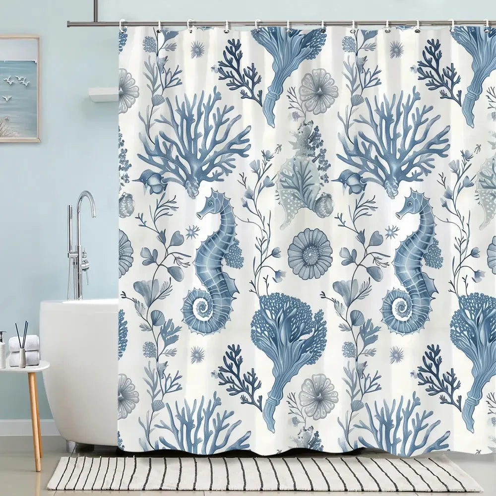 Turtle Shower Curtain Summer Beach Anchor Nautical Starfish Watercolour Art Creative Polyester Shower Curtains Bathroom Decor