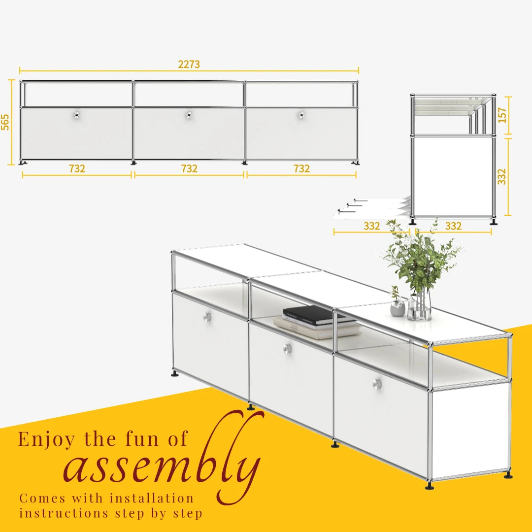 Modern Modular Low TV Cabinet｜3-Tier Sideboard with Drop Doors｜Steel Frame Storage Bench Unit | Minimalist Low Media Console