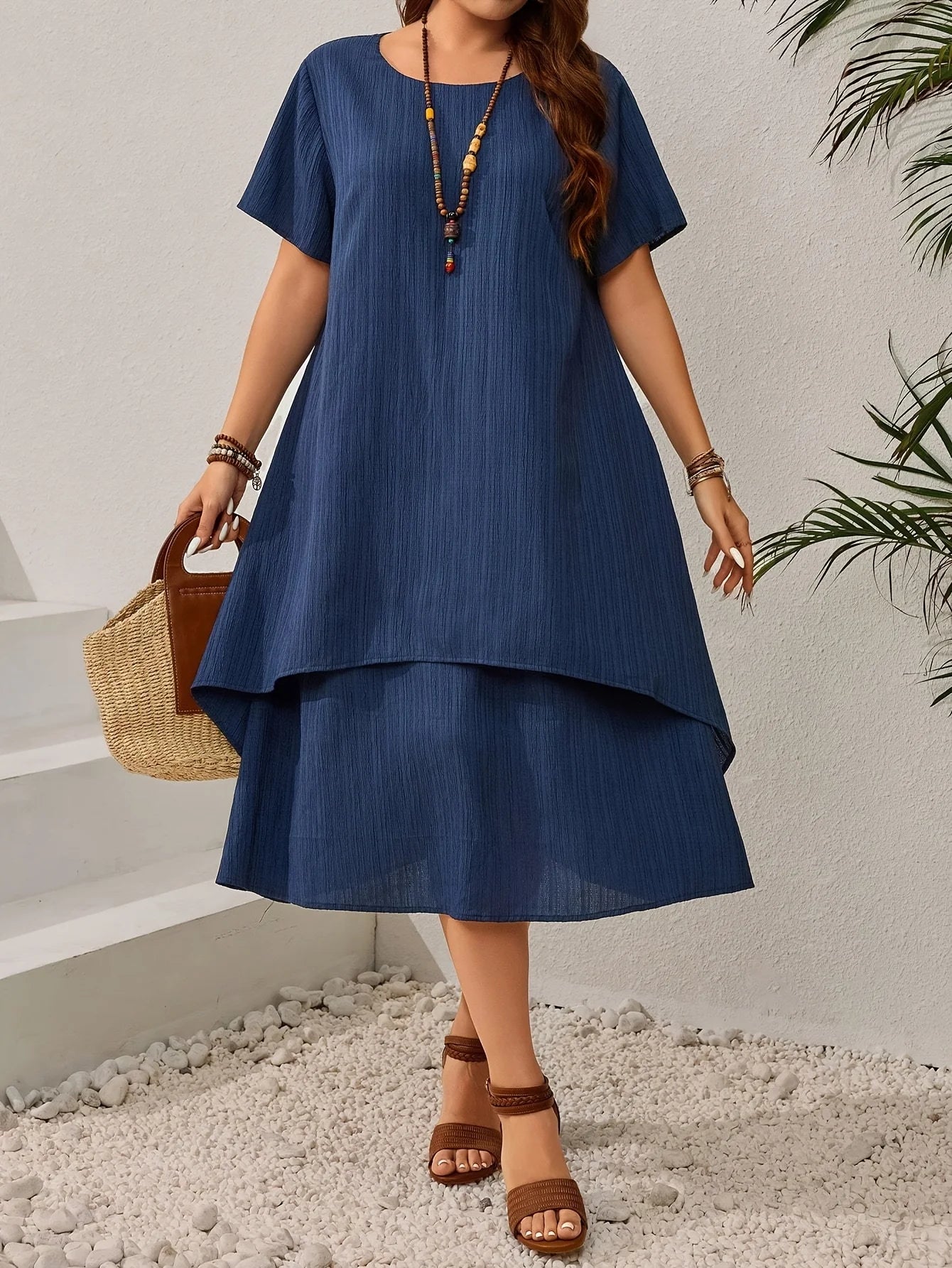 Plus Size Women's Summer Navy Blue Loose Dress - Figure-Flattering Irregular Midi Skirt for Curvy Ladies, Elegant Casual A-Line