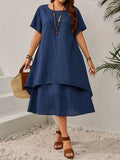 Plus Size Women's Summer Navy Blue Loose Dress - Figure-Flattering Irregular Midi Skirt for Curvy Ladies, Elegant Casual A-Line