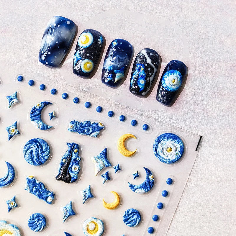 Blue Starry Night 5D Soft Embossed Relief Self Adhesive Nail Art Decoration Stickers Dressy White Stars 3D Manicure Decals Woman