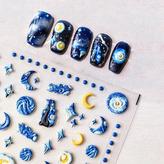 Blue Starry Night 5D Soft Embossed Relief Self Adhesive Nail Art Decoration Stickers Dressy White Stars 3D Manicure Decals Woman