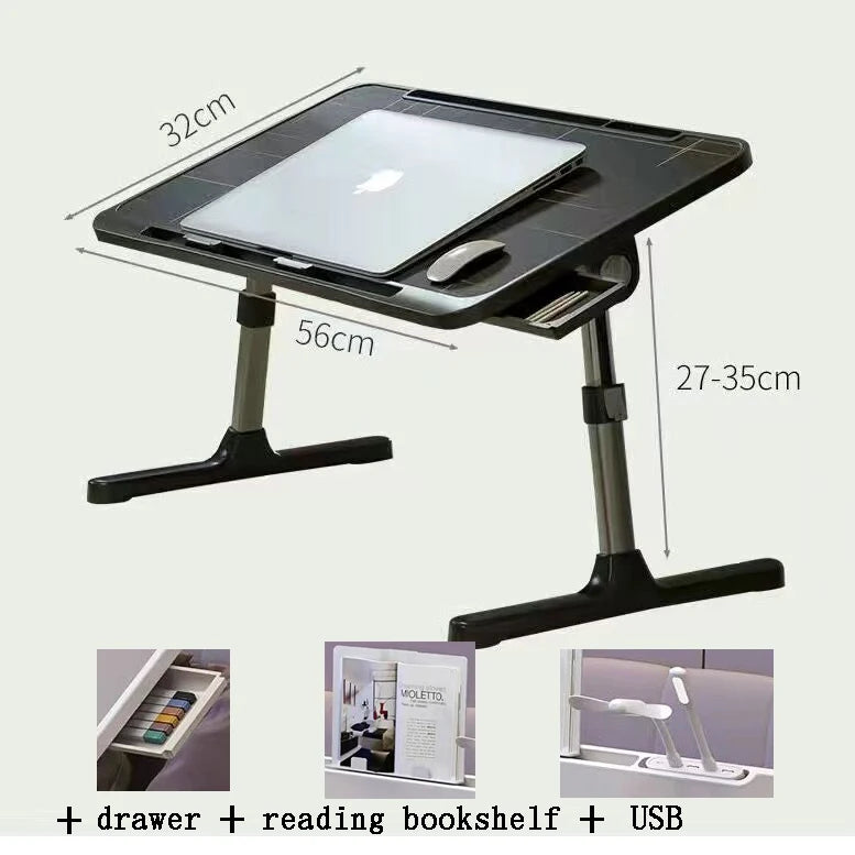 Lift Foldable Laptop Table for Bed Stand Lap Lazy Learning Desk Student Computer Desk for Working Read with Radiator Drawer