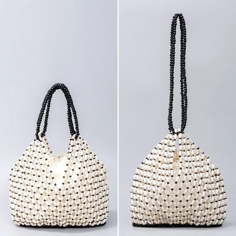 Handmade Woven Beaded Handbag For Women Exquisite Hollow-out Wooden Beaded Shoulder Bag Female Beach Bag