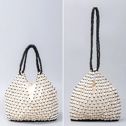 Handmade Woven Beaded Handbag For Women Exquisite Hollow-out Wooden Beaded Shoulder Bag Female Beach Bag