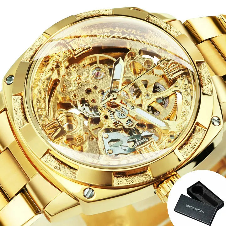 Forsining Square Skeleton Mechanical Watches Luxury Engraved Movement Retro Automatic Watch for Men Steel Strap Luminous Hands