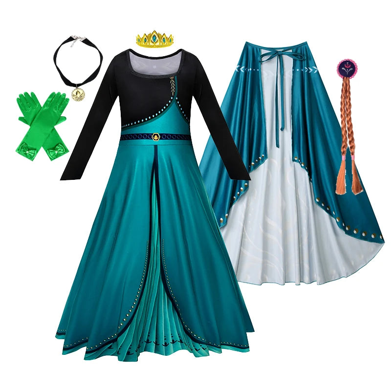 Girls Party Elegant Dresses Anna Princess Girl Cosplay Costume Dark Green Dress With Cloak Carnival Party Kids Birthday Clothes