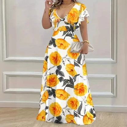 XL-5XL feminino plus size venda quente com decote em v elegante e casual impresso vestido longo com bainha grande para roupas femininas