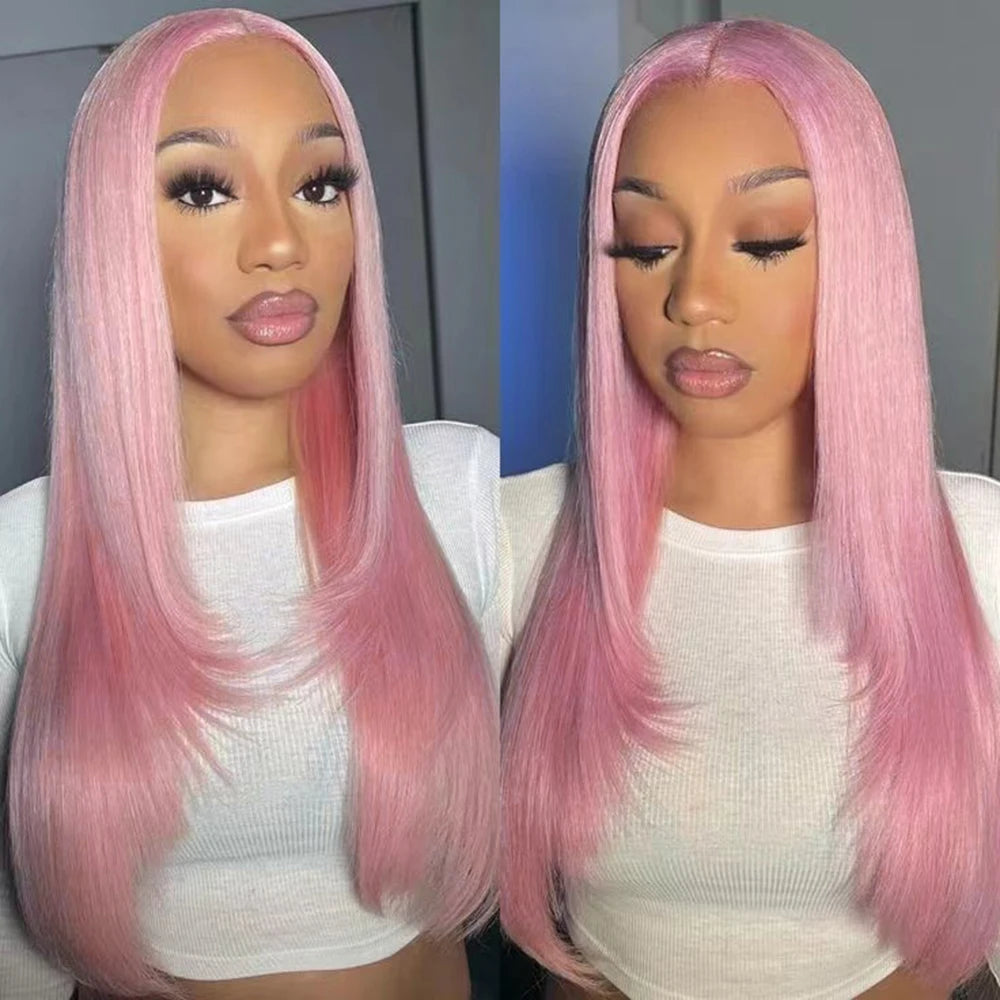 RONGDUOYI Pink Layered Haircut Straight Lace Front Wigs Natural Long Straight Cosplay Heat Fiber Synthetic Wig Purple