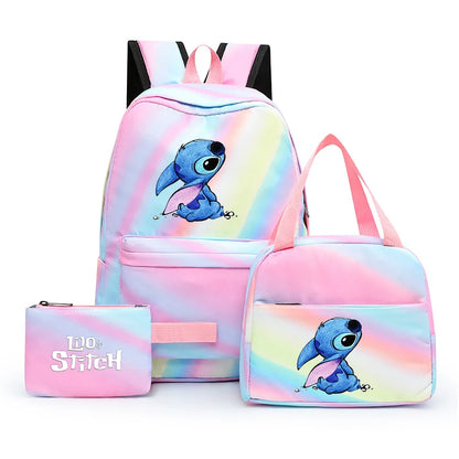 3pcs Disney Lilo Stitch Colorful Backpack with Lunch Bag for Women Student Teenagers Rucksack Casual School Bags Sets