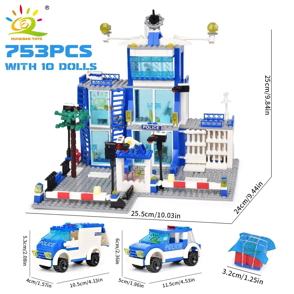 HUIQIBAO 753PCS City Police Station Building Blocks Set Boys DIY Car Figures Bricks Educational Toys For Children Adult Gift