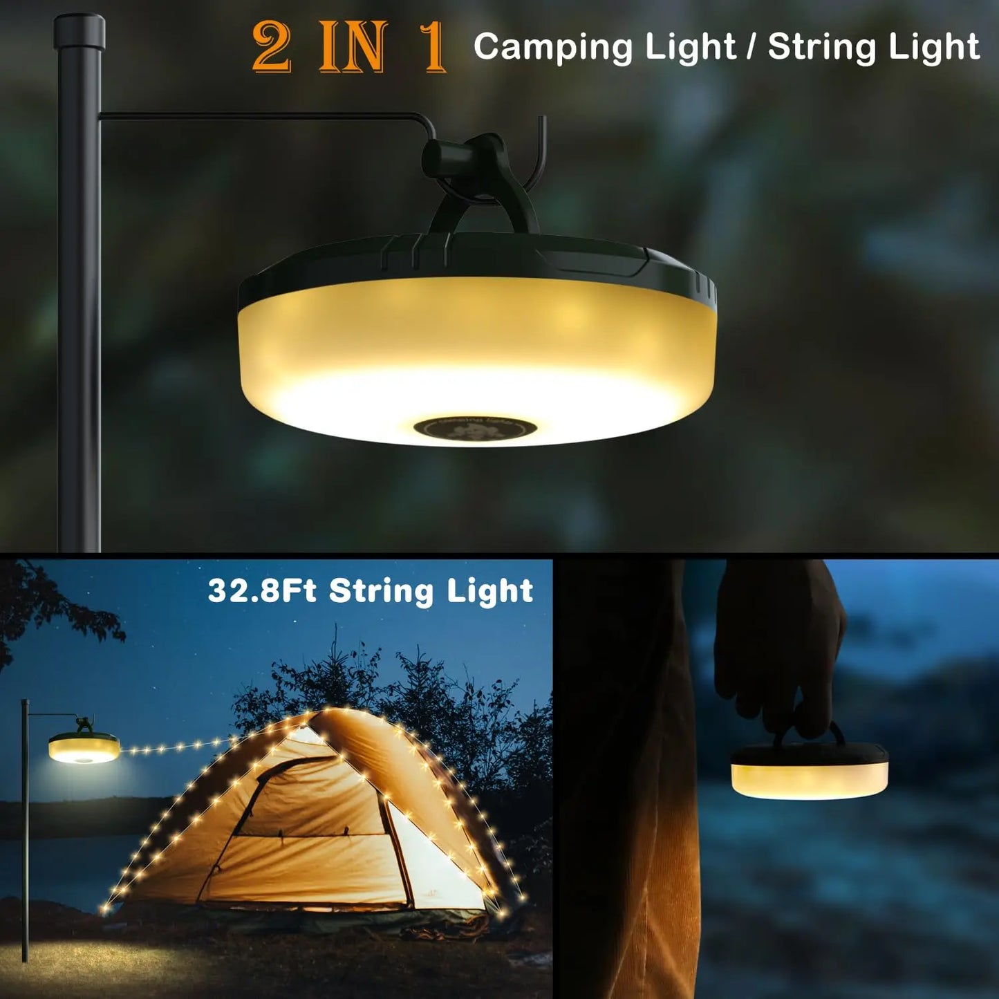 Waterproof Camping String Lights, luz stowable portátil com modos de iluminação, USB, ao ar livre, caminhadas, 2 em 1