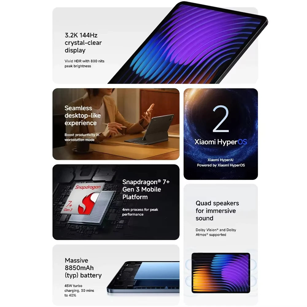 Tablet Xiaomi Pad 7 Versão Global 11.2" 3.2K 144Hz - Snapdragon 7+ Gen 3 | Bateria 8850mAh & Câmara 13MP