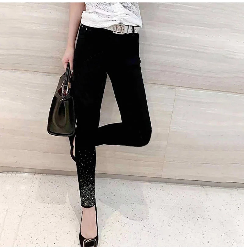 Spring Summer 2024 New Fashion Harem Denim Pants Female Rhinestones Korean Version High Waist Slim Elastic Jeans Pencil Pants