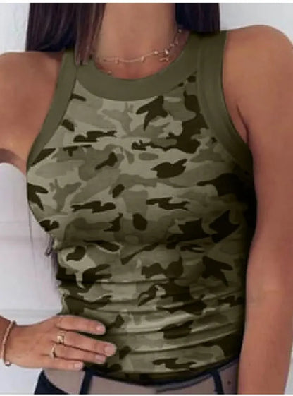 Women Casual Camo Round Neck Ribbed Tank Top Summer Basic Elastic Camisole Sexy Sleeveless Crew Neck Vest Women's Clothing