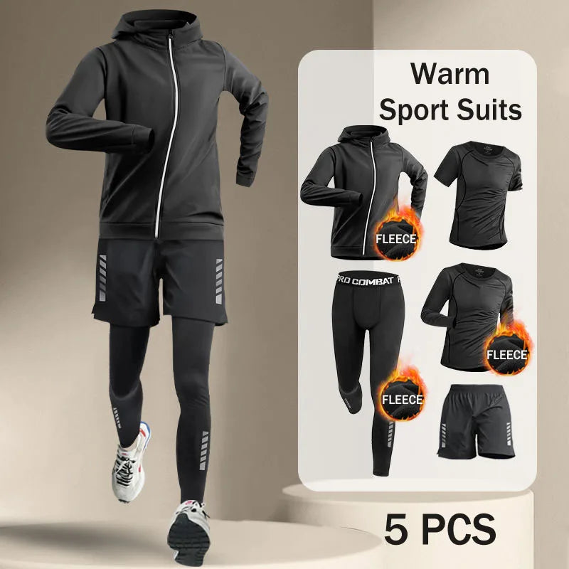Conjuntos de running para hombre, de invierno, para exteriores, de 2 a 5 piezas, para fitness, trotar por la mañana, deportes, secado rápido, resistente al viento, ciclismo, entrenamiento, chándal