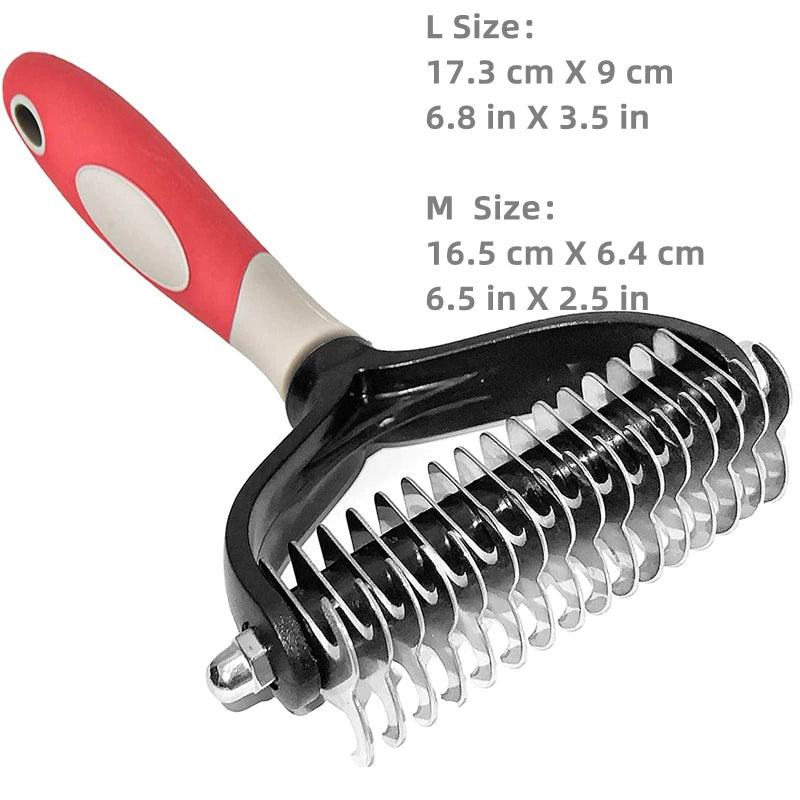 Cepillo de aseo de acero inoxidable para mascotas, de dos caras, para quitar el pelo suelto y desenredar la capa interna, peine rastrillo para perros y gatos, elimina nudos y enredos fácilmente.