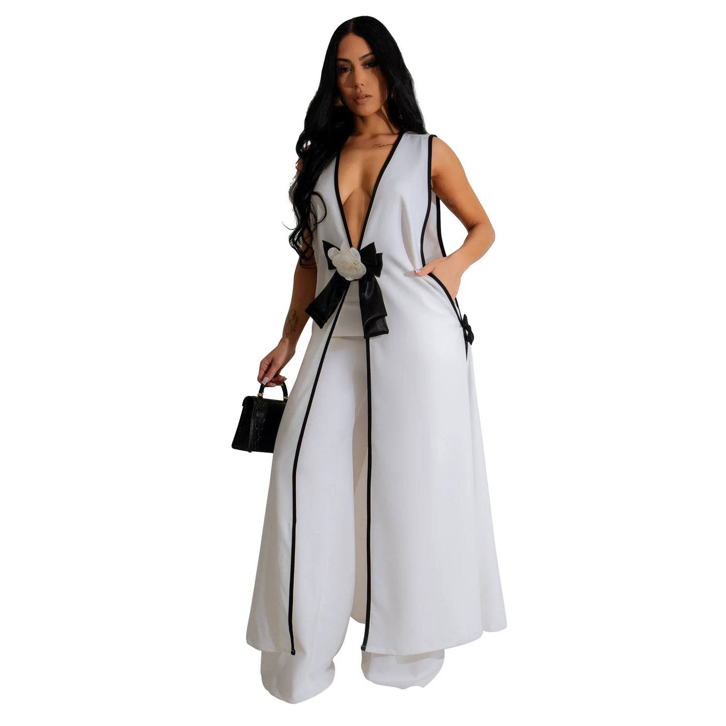 Two Piece Set Women Tracksuit Spliced Vest Pant Sets Elegant High Street Work Ankle Length Wide Leg Pants Loose Matching Sets