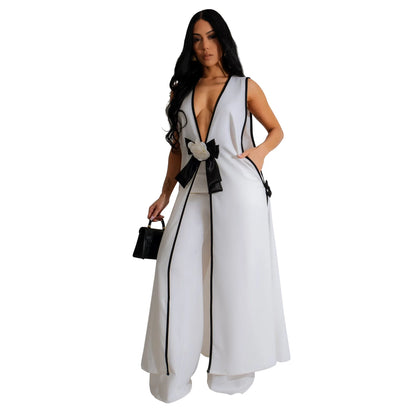 Two Piece Set Women Tracksuit Spliced Vest Pant Sets Elegant High Street Work Ankle Length Wide Leg Pants Loose Matching Sets