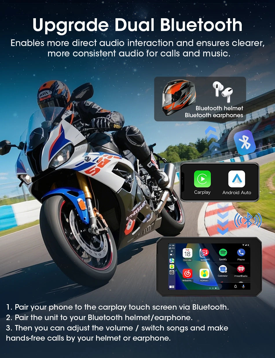 5" Portable Motorcycle Navigation GPS Wireless Carplay&Android Auto Moto Monitor IPX7 Waterproof Display Dual Bluetooth 5.0