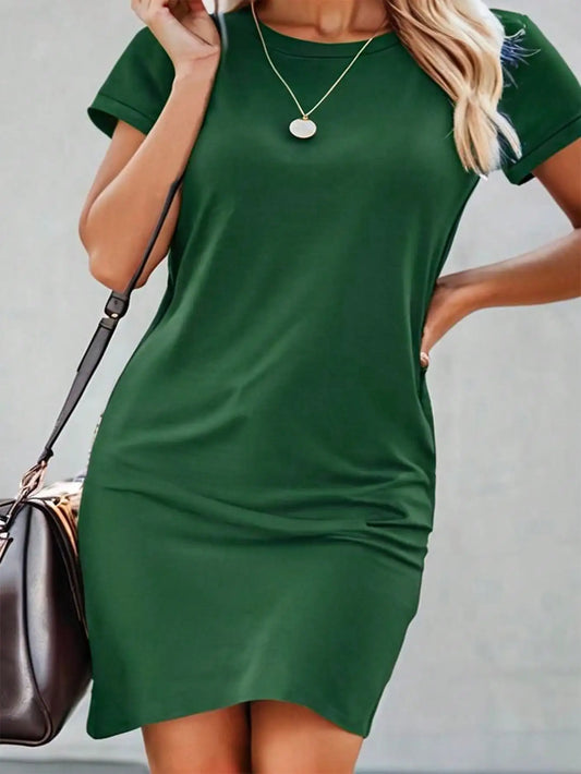 Vestido mini corto de verano para mujer, sencillo, verde, liso, informal, ajustado, de manga corta y cuello redondo, 2024