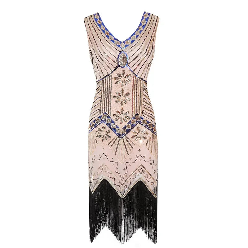 Vestido vintage Mandylandy para mujer, estilo retro de los años 20, estilo Gran Gatsby, con lentejuelas, sin mangas, para fiesta de baile, graduación y dobladillo con borlas.