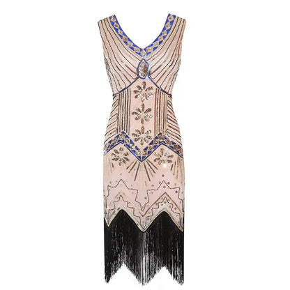 Mandylandy Women Vintage Dress Retro 1920s Great Gatsby Dress Sequin Flapper Sleeveless Dancing Party Prom Tassel Hem Dress