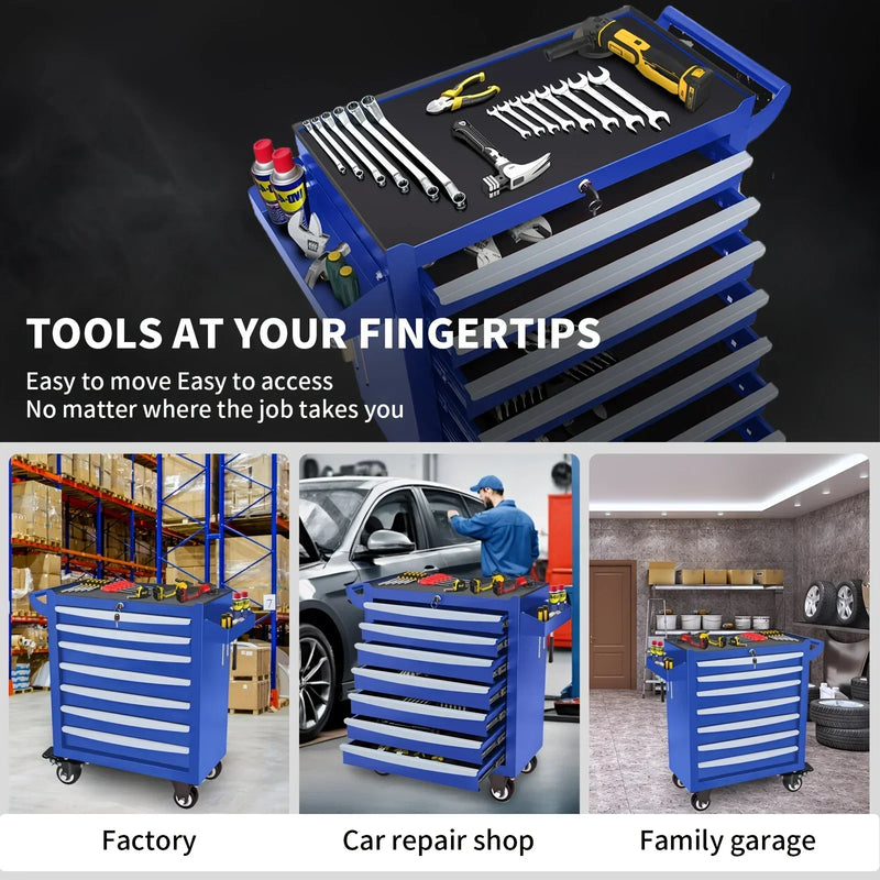 2025 New Blue 7-Layer Metal Toolbox with Key Locking System & Wheels - Durable, Multi-Functional Storage Cart