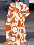 Vonda-vestido maxi estampado feminino, vestido longo boêmio, 3/4 de manga de taco, casual solto, plissado, grandes dimensões, tamanho grande, outono, 2024