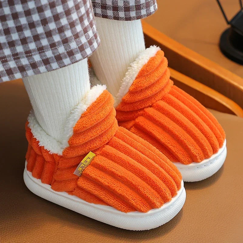 New Winter Concise Stripe Plush Slippers Children's Non-slip Soft Sole Kids Boys Girls Heel Wrap Warm High Home Cotton Shoes