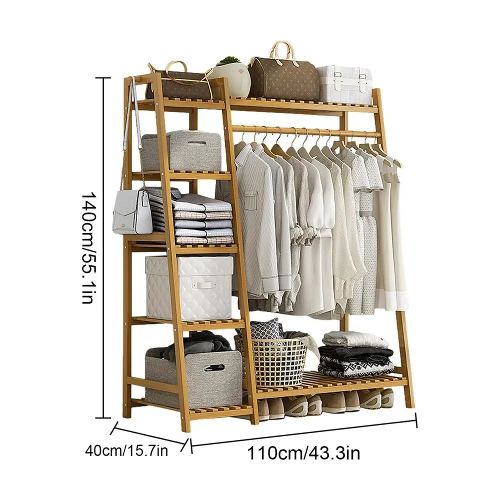 Wooden Garment Coat Clothes Hanging Heavy Duty Rack with top shelf and 2-tier Shoe Clothing Storage Organizer Shelves