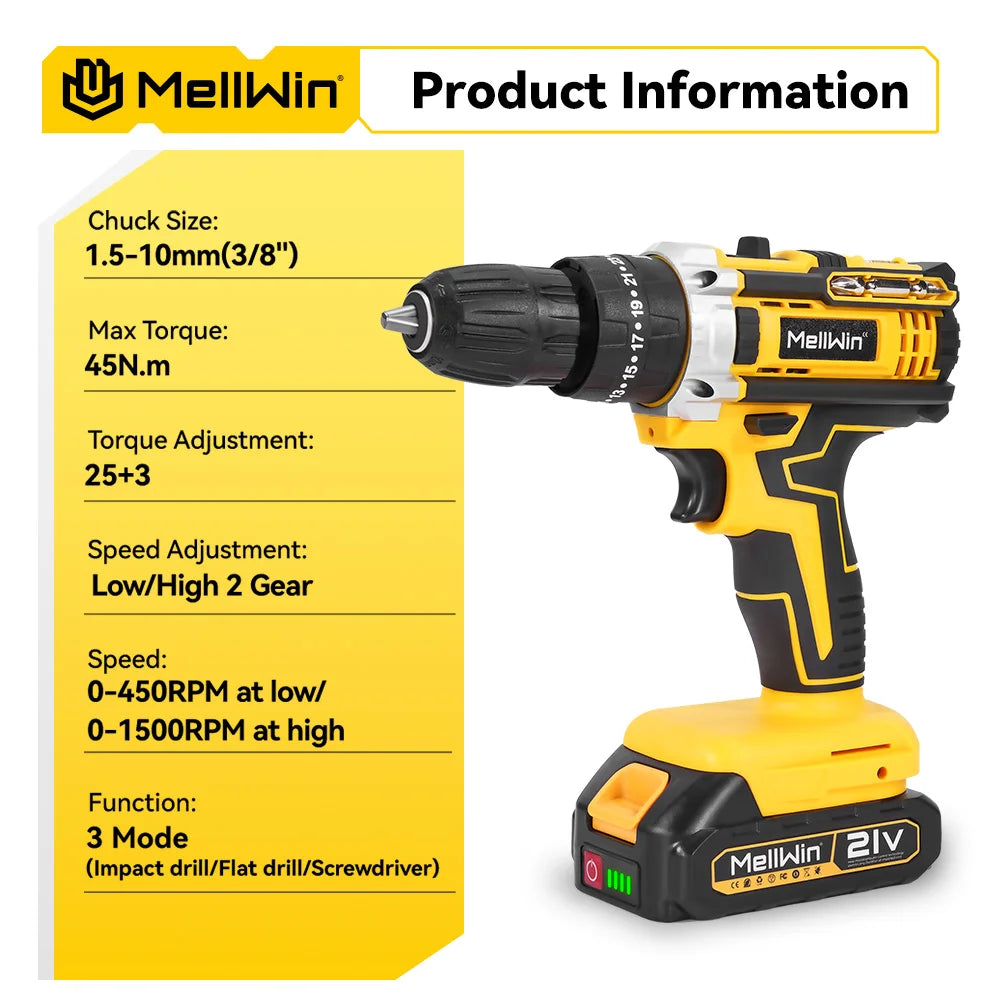 MELLWIN 25+3 Torque Electric Impact Drill 2 Gear Speed Adjustable Cordless Electric Screwdriver Power Tool For 21V-18V Battery