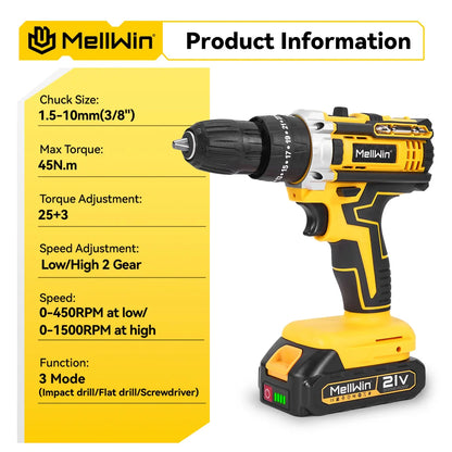 MELLWIN 25+3 Torque Electric Impact Drill 2 Gear Speed Adjustable Cordless Electric Screwdriver Power Tool For 21V-18V Battery