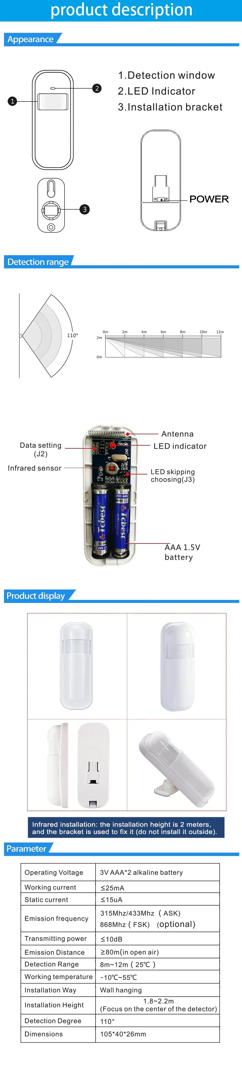 PGST-92R Home wireless motion sensor, 433MHz miniature infrared PIR detector, independent alarm, 433MHz, suitable for GP-103 107