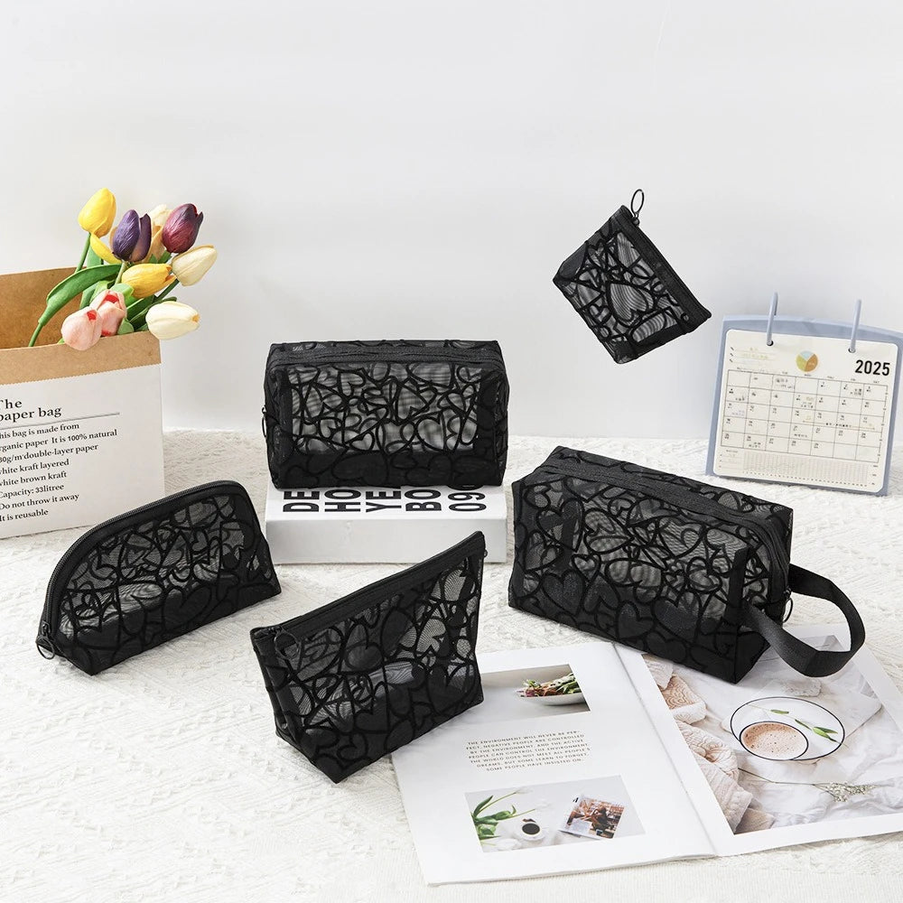 Heart-Shaped Nylon Mesh Cosmetic Bag Portable Toiletry Organizer for Women Makeup Storage
