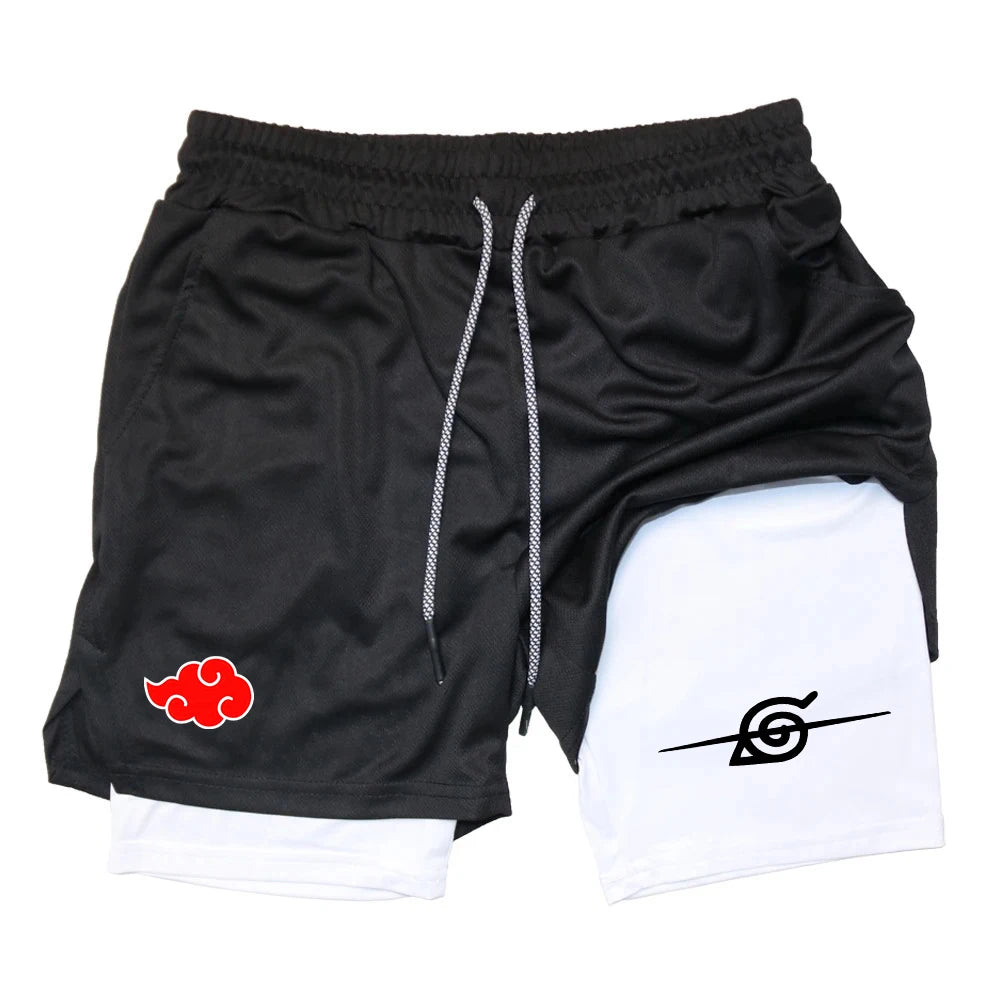 Men Anime Double Layer Shorts Gym Workout Printed Sports Multi-Performance Training Quick-Drying Jogging Pants Towel Pants M-3XL