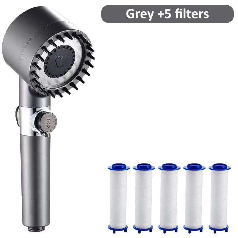 Cabezal de ducha de alta presión con 4 modos de ducha ajustables y filtros de cepillo de masaje, accesorios de baño para ahorrar agua.
