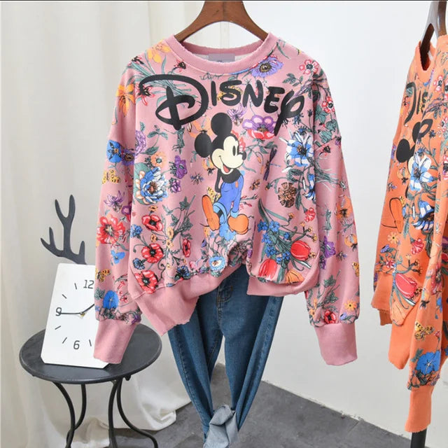 Women Mickey Mouse Print Long Sleeve Sweatshirt Korean Style Cartoon Hoodies Harajuku Casual Tops Autumn Spring Clothes New 